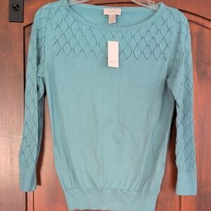 LOFT Teal Diamond Lace Yoke Crewneck Sweater